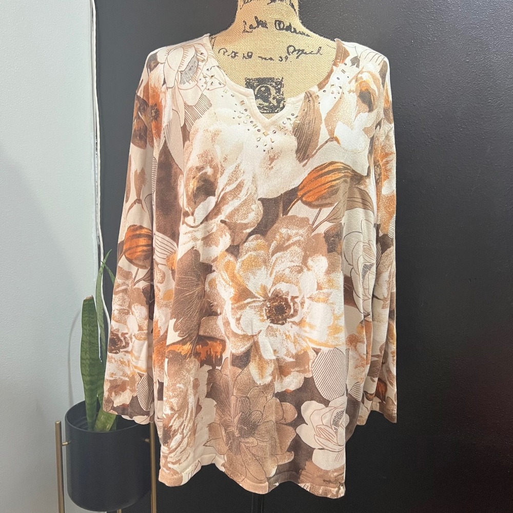 Alfred Dunner‎ 3X Floral Embellished Long Sleeve Top Woman's Plus Size